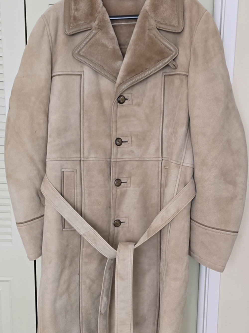 NWOT Vintage Taupe Montreal Leather Garment Shearling Sheepskin Coat Size 46 Tal